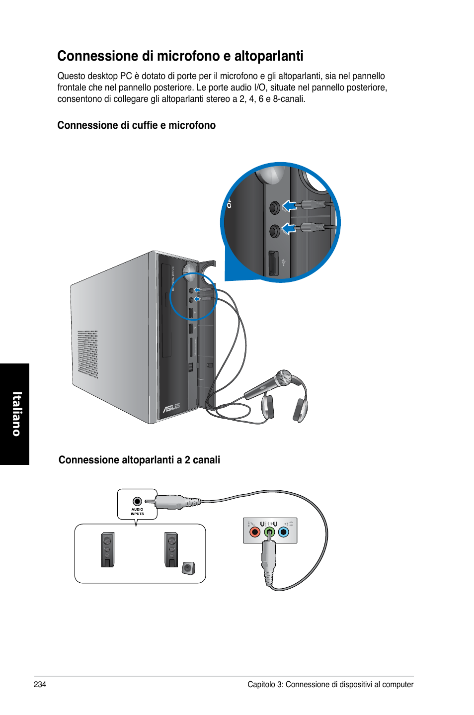 Connessione di microfono e altoparlanti, Connessione.di.microfono.e.altoparlanti, Italiano | Asus CP3130 User Manual | Page 236 / 480