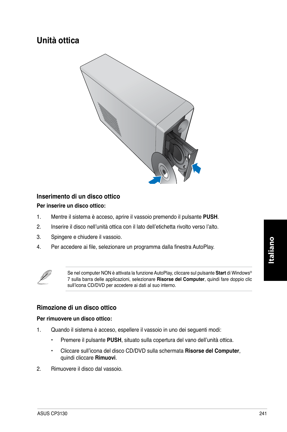 Unità ottica, Unità.ottica, Italiano | Asus CP3130 User Manual | Page 243 / 480