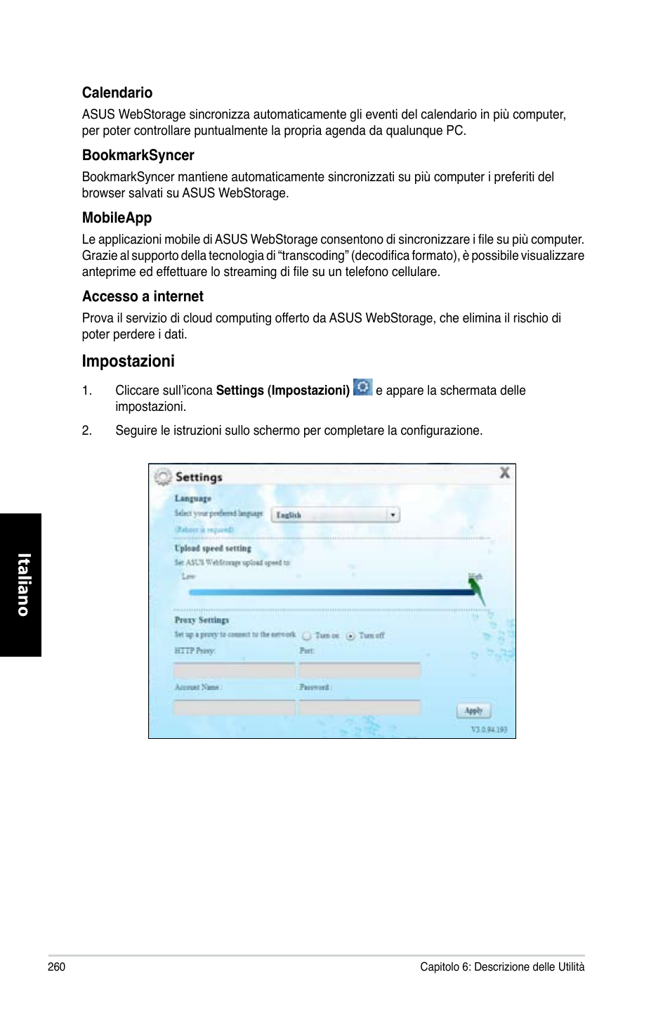 Italiano, Impostazioni | Asus CP3130 User Manual | Page 262 / 480