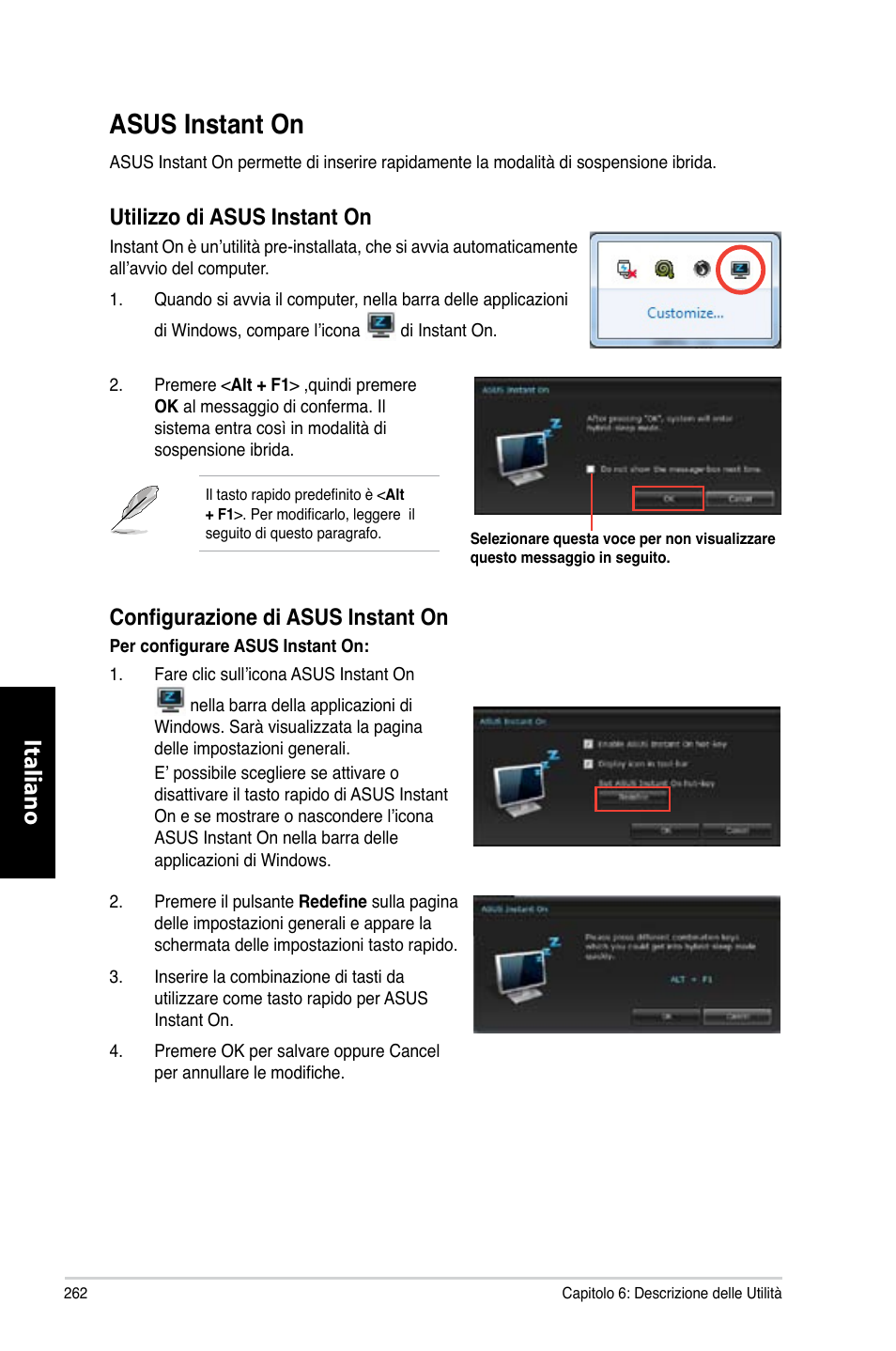 Asus instant on, Asus.instant.on, Italiano | Utilizzo.di.asus.instant.on, Configurazione di asus instant on | Asus CP3130 User Manual | Page 264 / 480