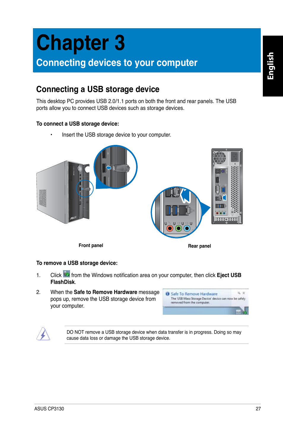 Chapter 3, Connecting devices to your computer, Connecting a usb storage device | Chapter.3, Connecting.devices.to.your.computer, English | Asus CP3130 User Manual | Page 29 / 480