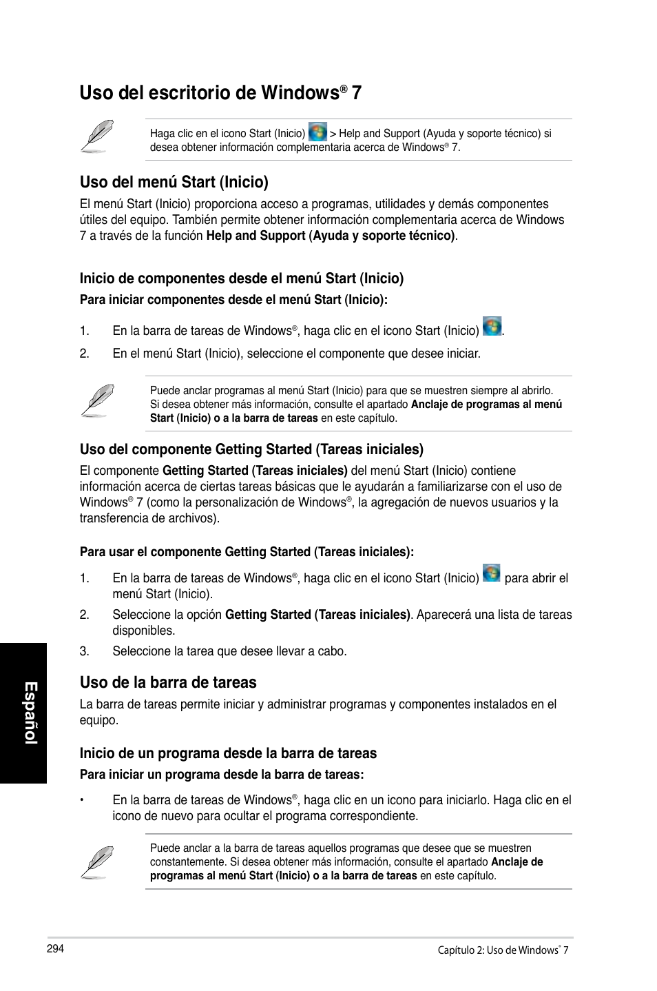 Uso del escritorio de windows® 7, Uso del escritorio de windows, Uso.del.escritorio.de.windows | Español, Uso.del.menú.start.(inicio), Uso.de.la.barra.de.tareas | Asus CP3130 User Manual | Page 296 / 480