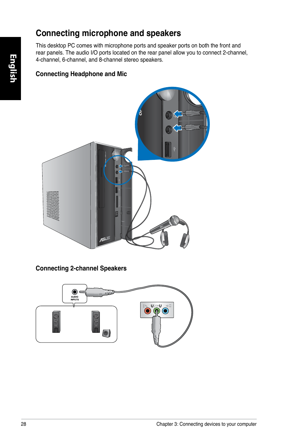 Connecting microphone and speakers, Connecting.microphone.and.speakers, English | Asus CP3130 User Manual | Page 30 / 480