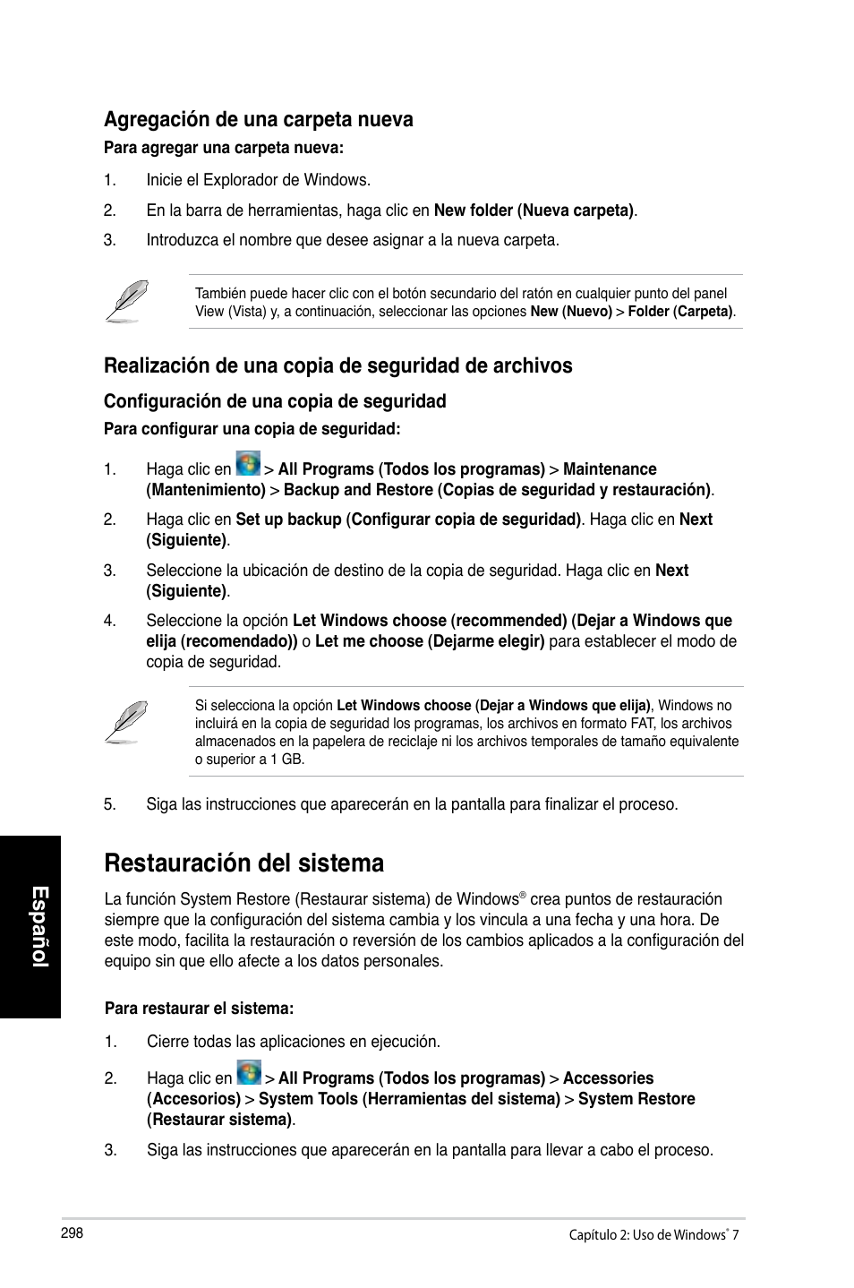 Restauración del sistema, Restauración.del.sistema, Español | Agregación.de.una.carpeta.nueva | Asus CP3130 User Manual | Page 300 / 480