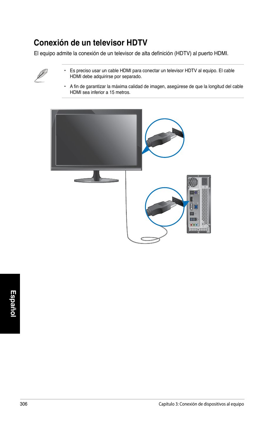 Conexión de un televisor hdtv, Conexión.de.un.televisor.hdtv, Español | Asus CP3130 User Manual | Page 308 / 480