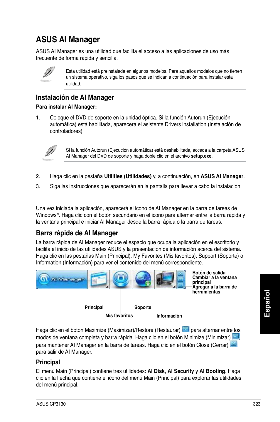 Asus ai manager, Asus.ai.manager, Español | Instalación.de.ai.manager, Barra.rápida.de.ai.manager | Asus CP3130 User Manual | Page 325 / 480