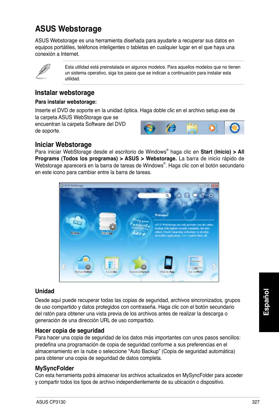 Asus webstorage, Asus.webstorage, Español | Instalar.webstorage, Iniciar.webstorage | Asus CP3130 User Manual | Page 329 / 480