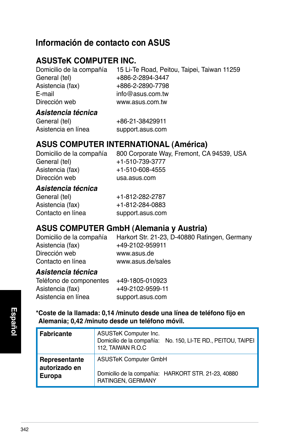 Información de contacto con asus, Información.de.contacto.con.asus | Asus CP3130 User Manual | Page 344 / 480