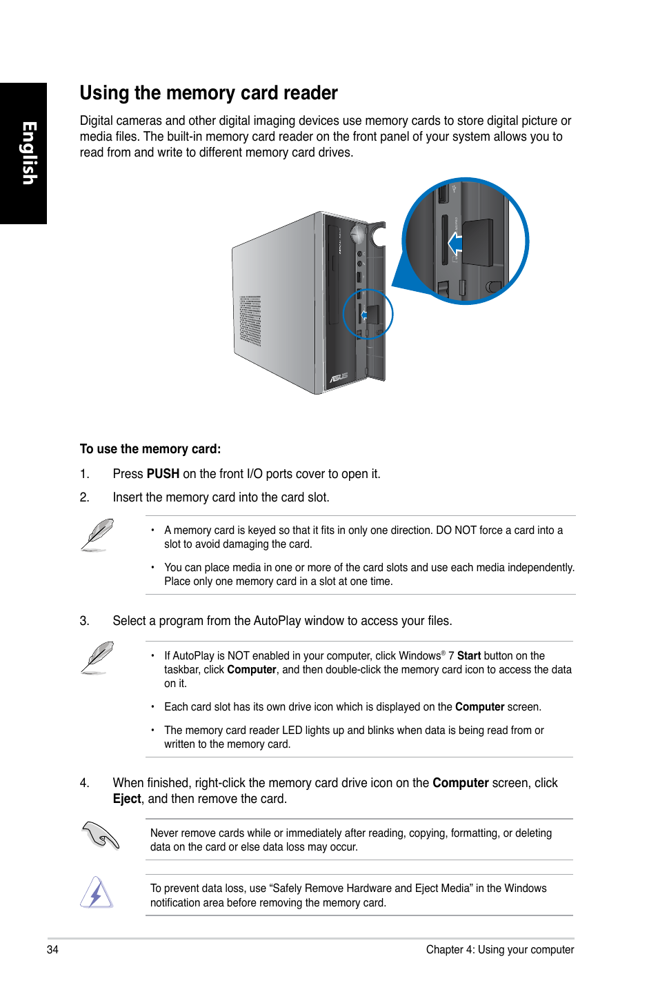 Using the memory card reader, English | Asus CP3130 User Manual | Page 36 / 480