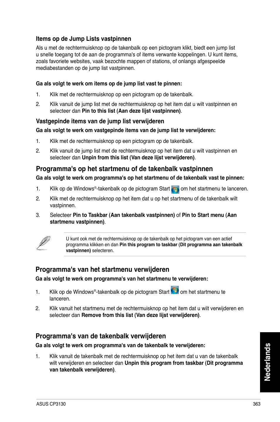 Nederlands, Programma's.van.het.startmenu.verwijderen, Programma's.van.de.takenbalk.verwijderen | Asus CP3130 User Manual | Page 365 / 480