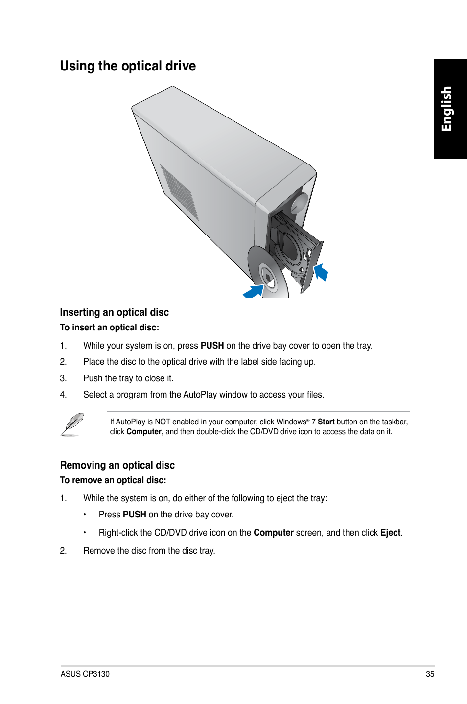 Using the optical drive, Using.the.optical.drive, English | Asus CP3130 User Manual | Page 37 / 480