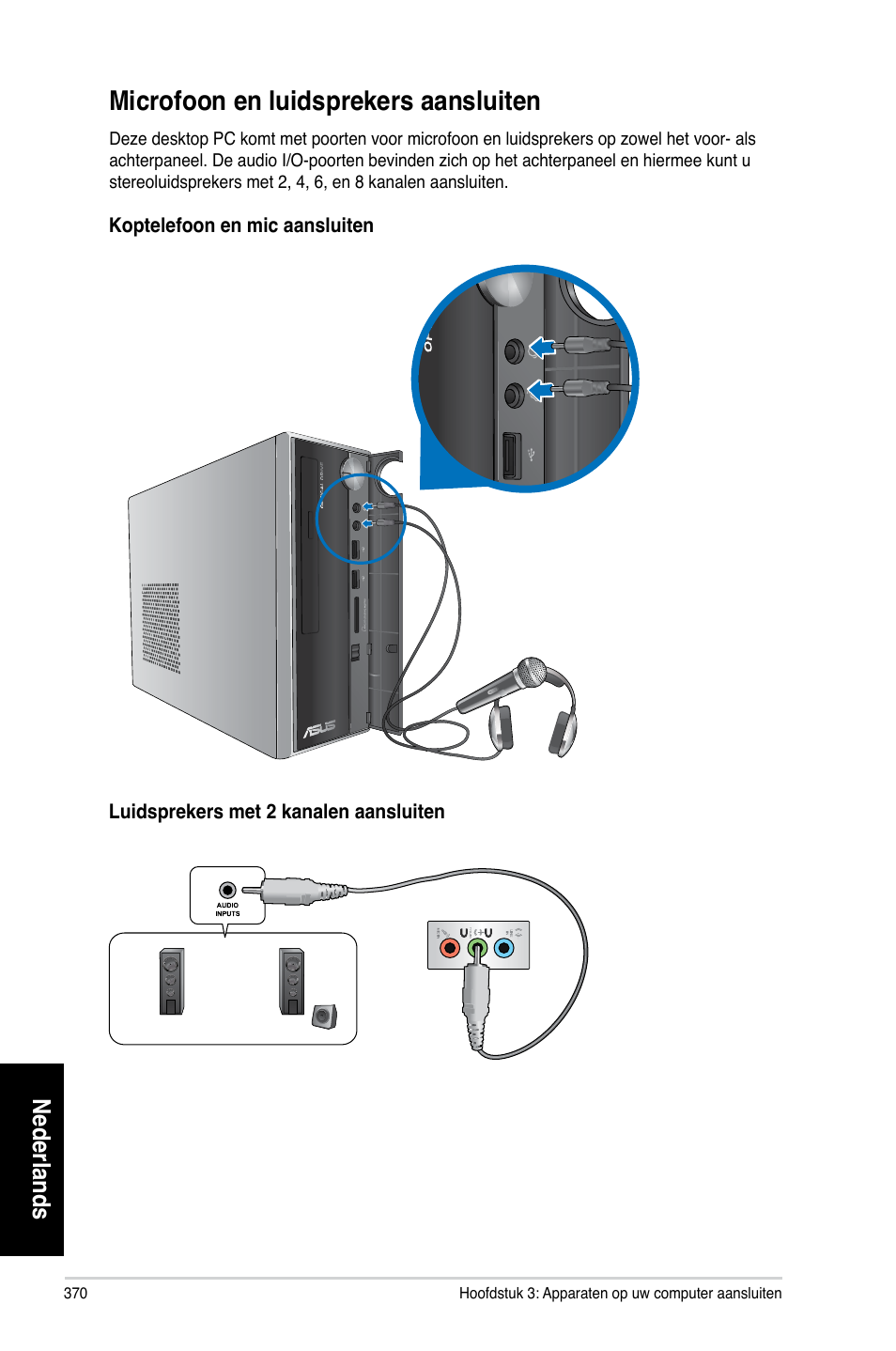 Microfoon en luidsprekers aansluiten, Microfoon.en.luidsprekers.aansluiten, Nederlands | Asus CP3130 User Manual | Page 372 / 480