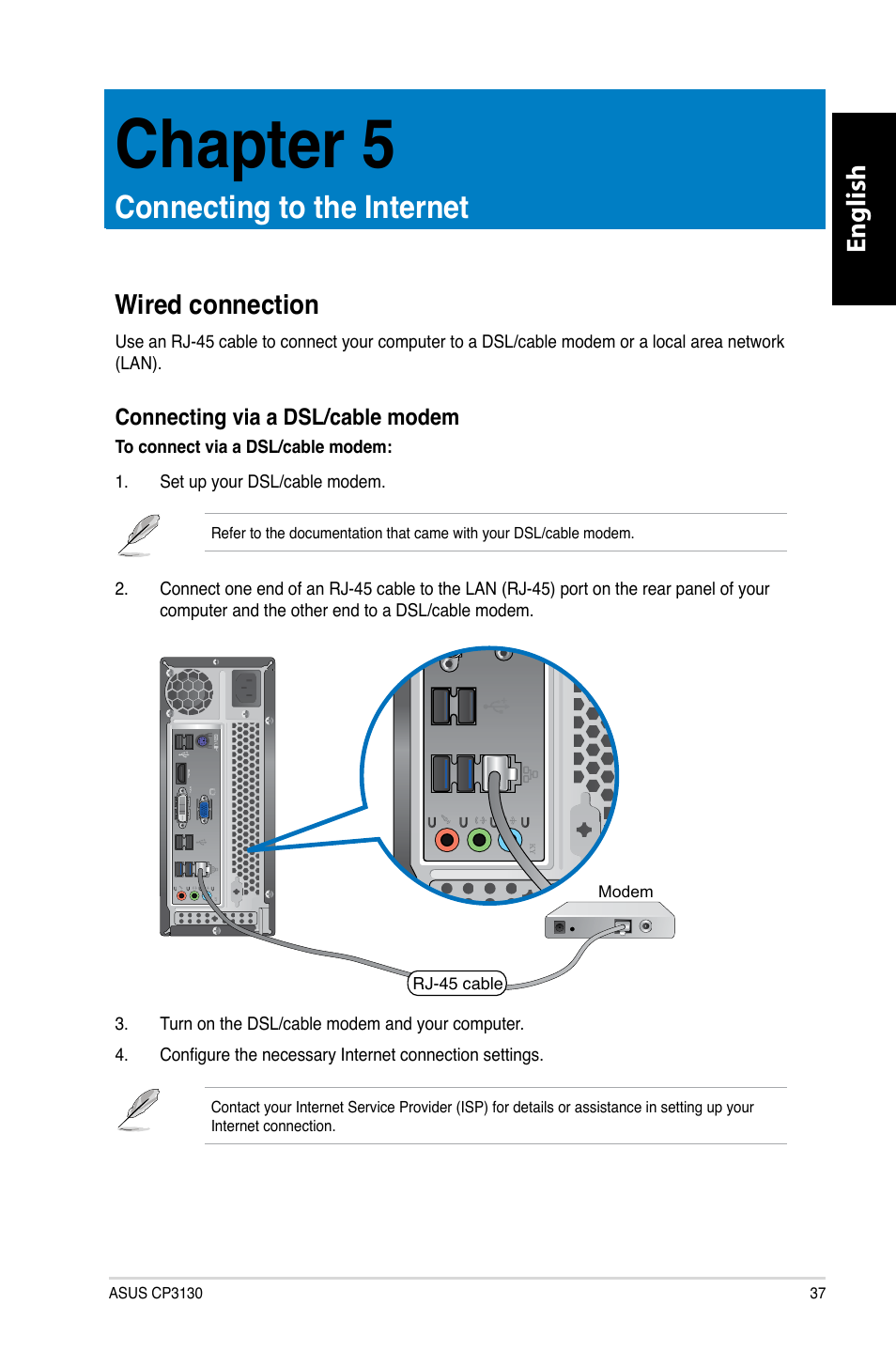 Chapter 5, Connecting to the internet, Wired connection | Chapter.5, Connecting.to.the.internet, Wired.connection, English | Asus CP3130 User Manual | Page 39 / 480