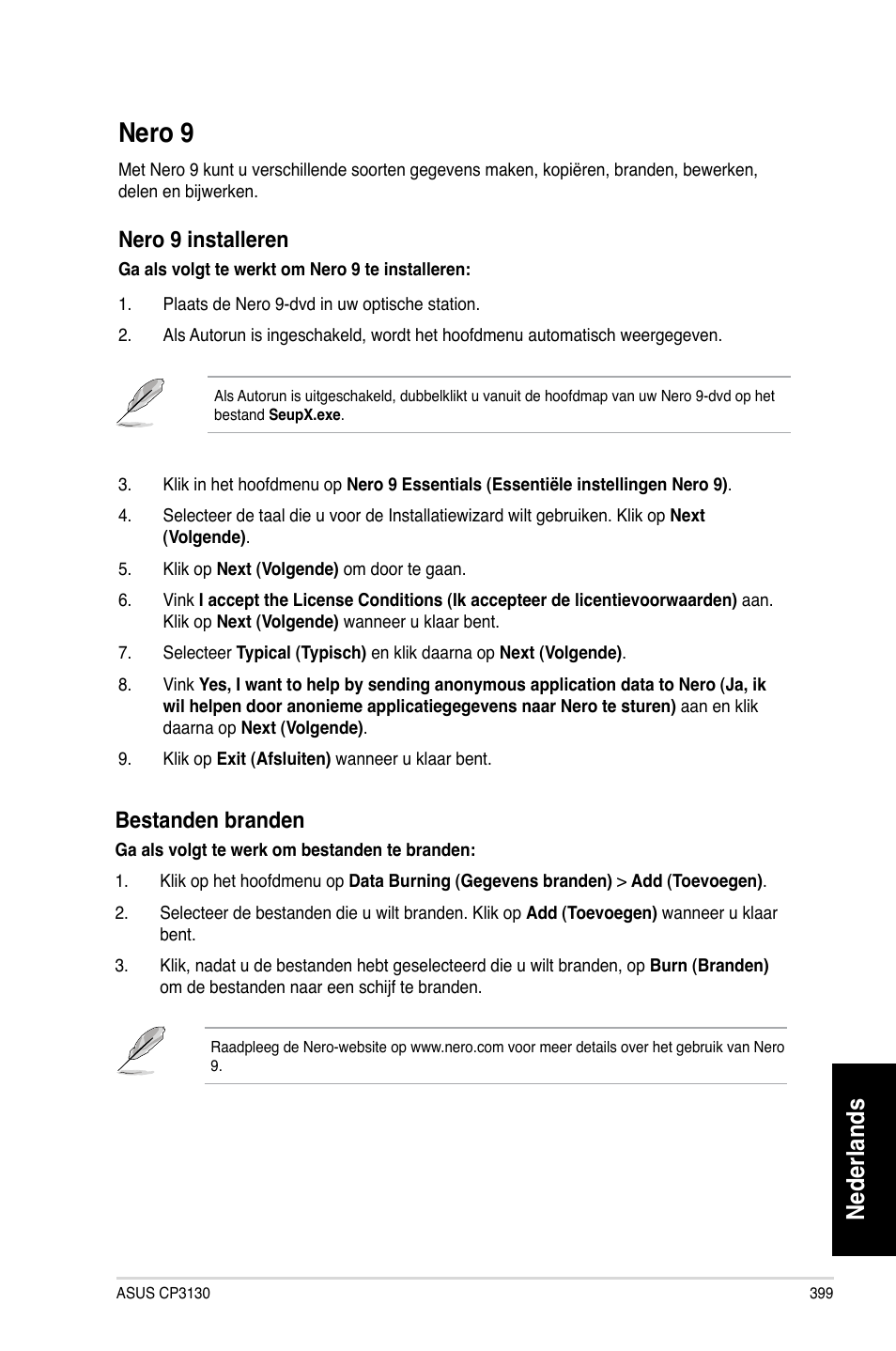 Nero 9, Nero.9, Nederlands | Nero.9.installeren, Bestanden.branden | Asus CP3130 User Manual | Page 401 / 480