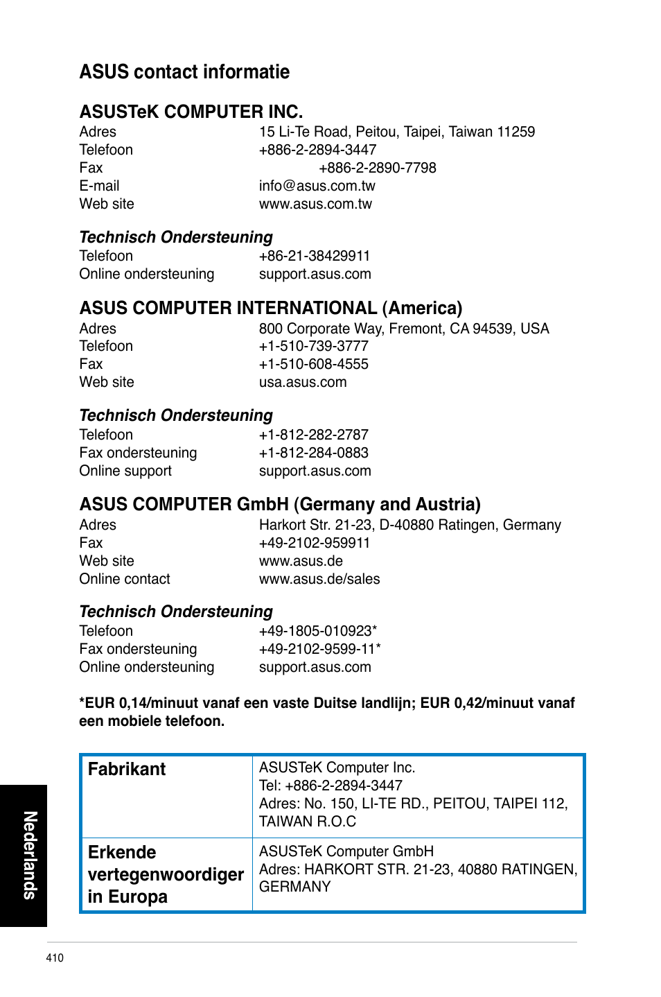 Asus contact informatie, Asus.contact.informatie, Nederlands | Fabrikant, Erkende. vertegenwoordiger. in.europa | Asus CP3130 User Manual | Page 412 / 480