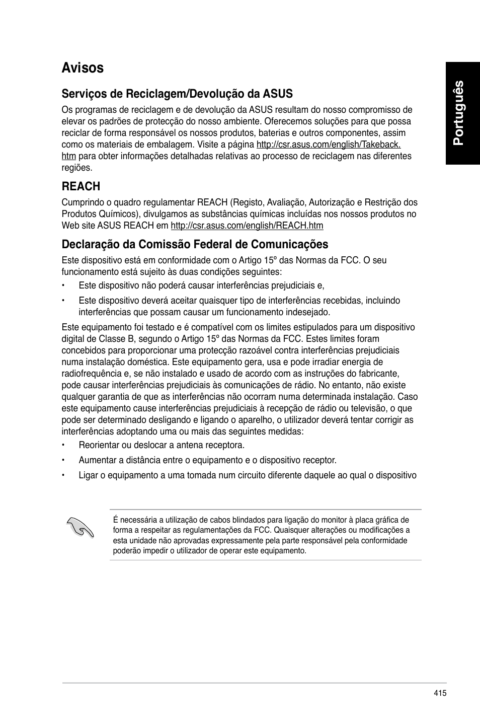 Avisos, Português, Serviços.de.reciclagem/devolução.da.asus | Reach | Asus CP3130 User Manual | Page 417 / 480