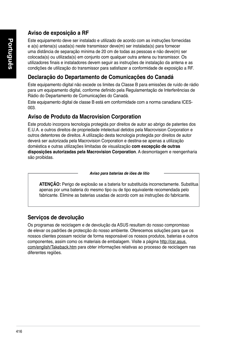 Português, Aviso.de.exposição.a.rf, Aviso.de.produto.da.macrovision.corporation | Serviços.de.devolução | Asus CP3130 User Manual | Page 418 / 480