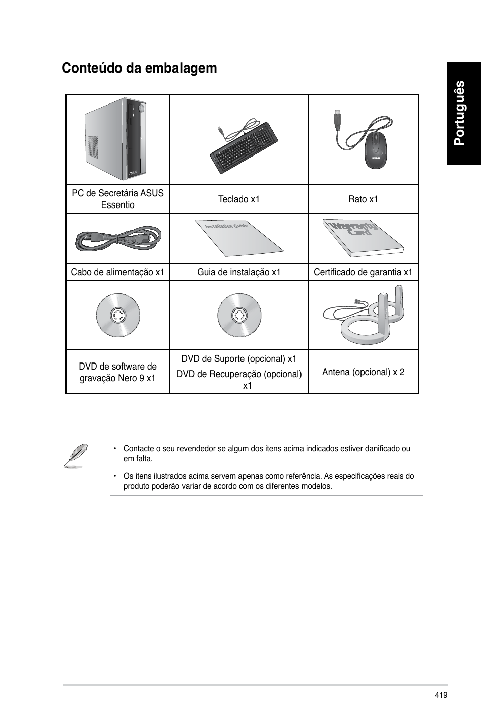 Conteúdo da embalagem, Conteúdo.da.embalagem, Português | Asus CP3130 User Manual | Page 421 / 480