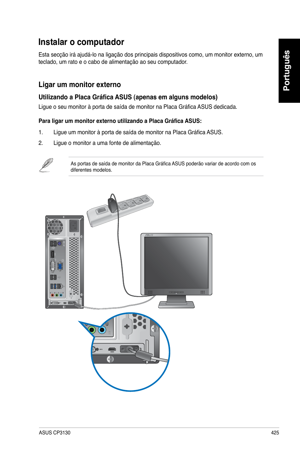 Instalar o computador, Instalar o computador 5, Português | Ligar.um.monitor.externo | Asus CP3130 User Manual | Page 427 / 480