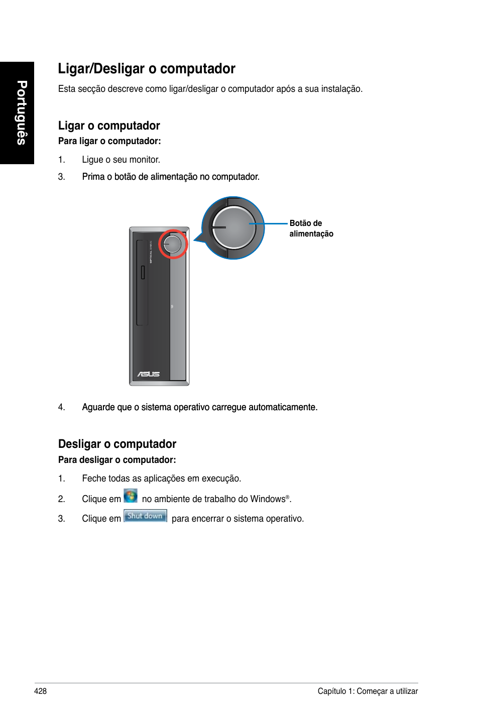 Ligar/desligar o computador, Ligar/desligar o computador 8, Português | Asus CP3130 User Manual | Page 430 / 480