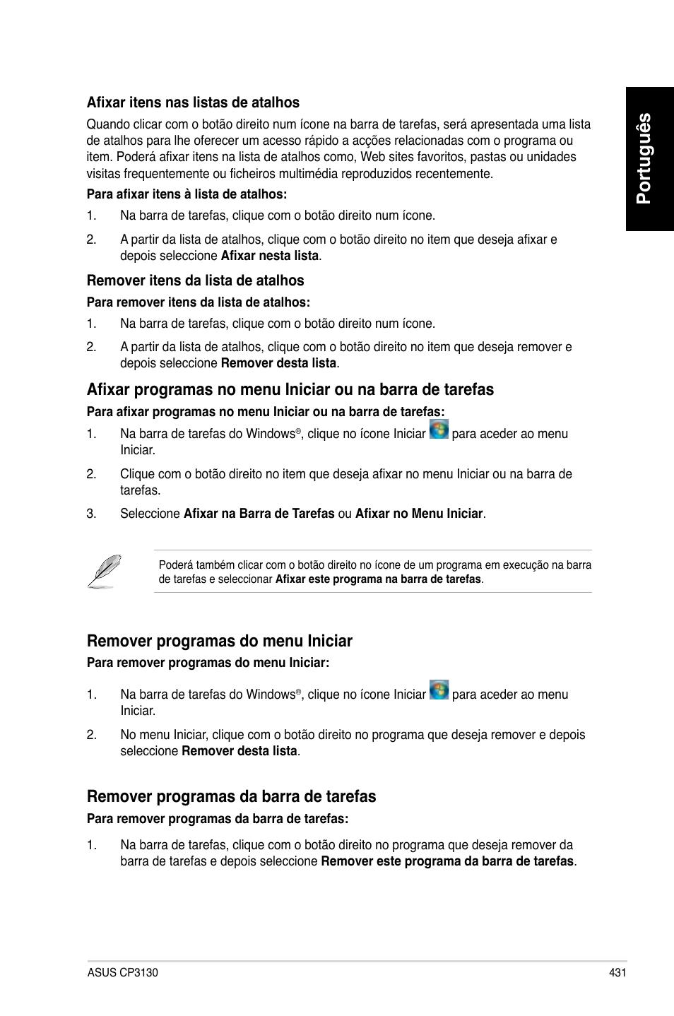 Português, Remover.programas.do.menu.iniciar, Remover.programas.da.barra.de.tarefas | Asus CP3130 User Manual | Page 433 / 480