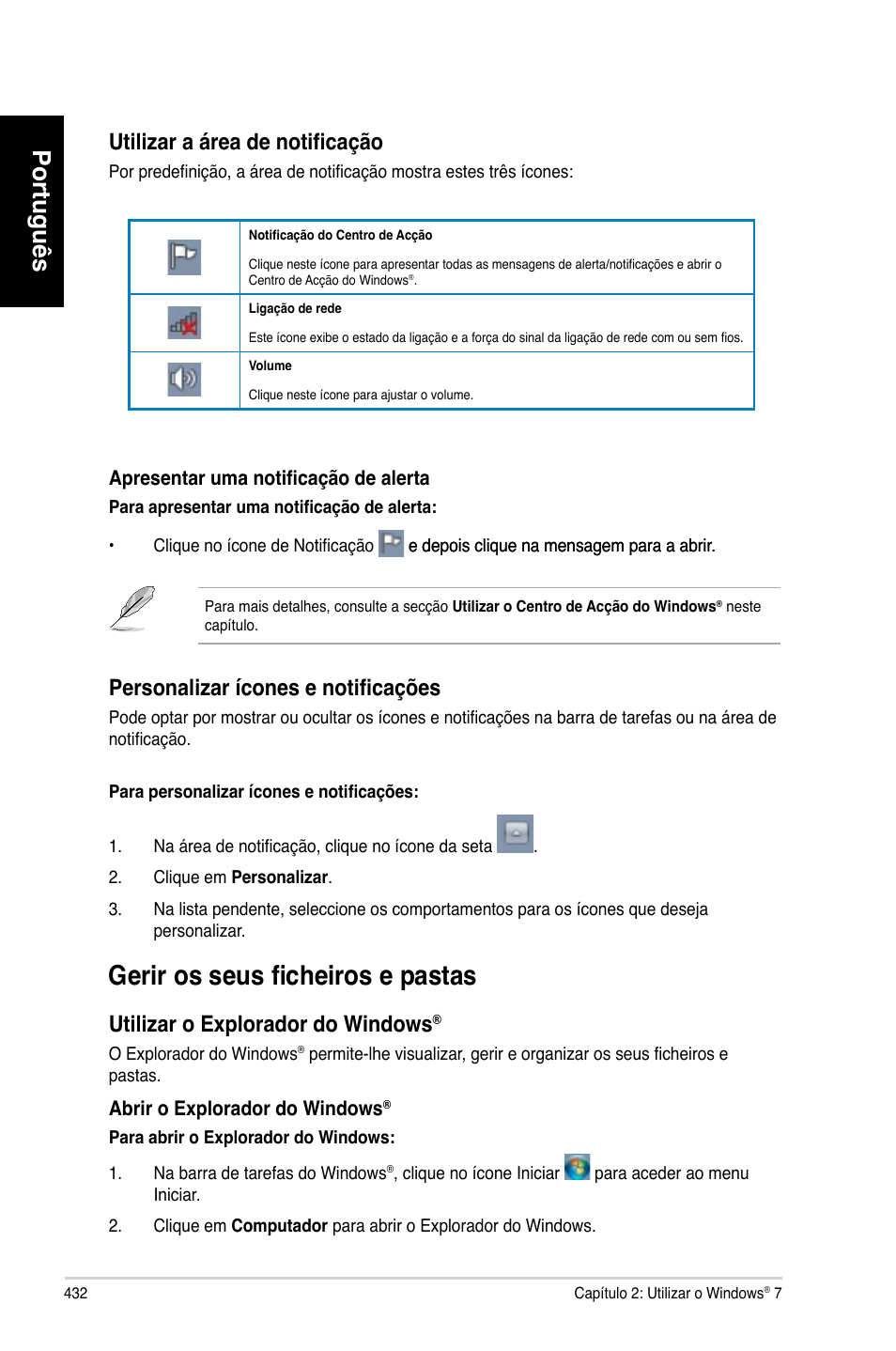 Gerir os seus ficheiros e pastas, Português, Utilizar a área de notificação | Personalizar ícones e notificações, Utilizar.o.explorador.do.windows | Asus CP3130 User Manual | Page 434 / 480