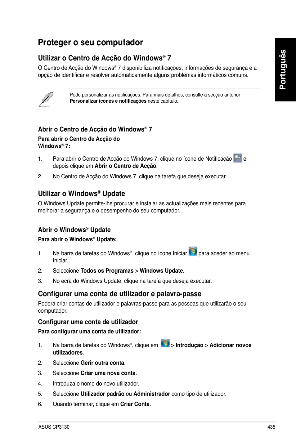 Proteger o seu computador, Proteger o seu computador 5, Português | Utilizar.o.centro.de.acção.do.windows, Utilizar.o.windows, Update, Configurar uma conta de utilizador e palavra-passe | Asus CP3130 User Manual | Page 437 / 480