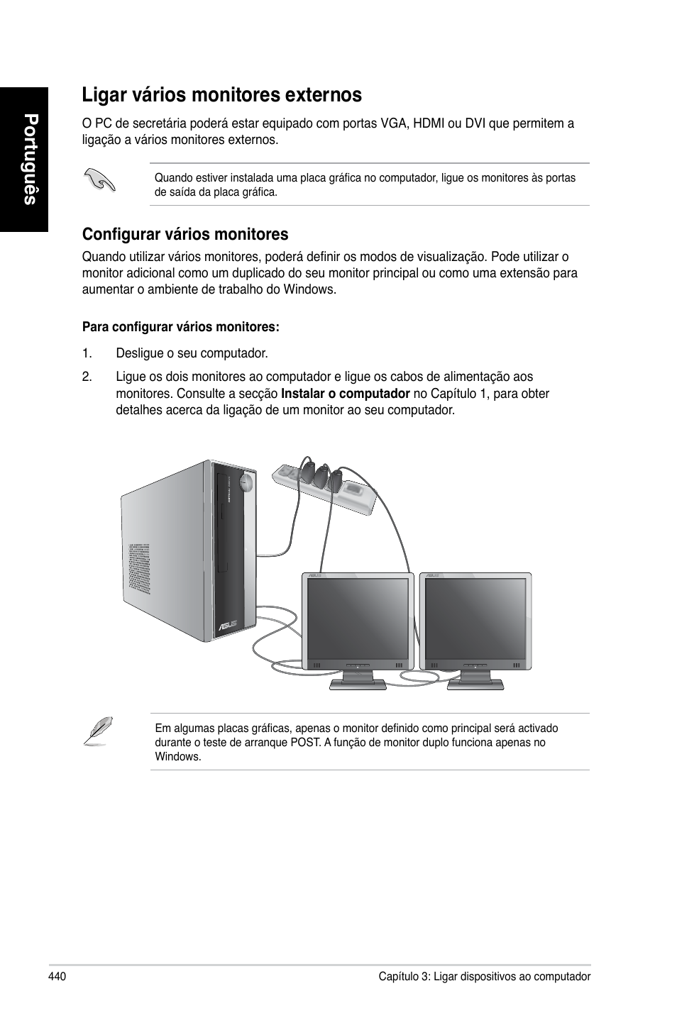 Ligar vários monitores externos, Ligar.vários.monitores.externos, Português | Configurar vários monitores | Asus CP3130 User Manual | Page 442 / 480