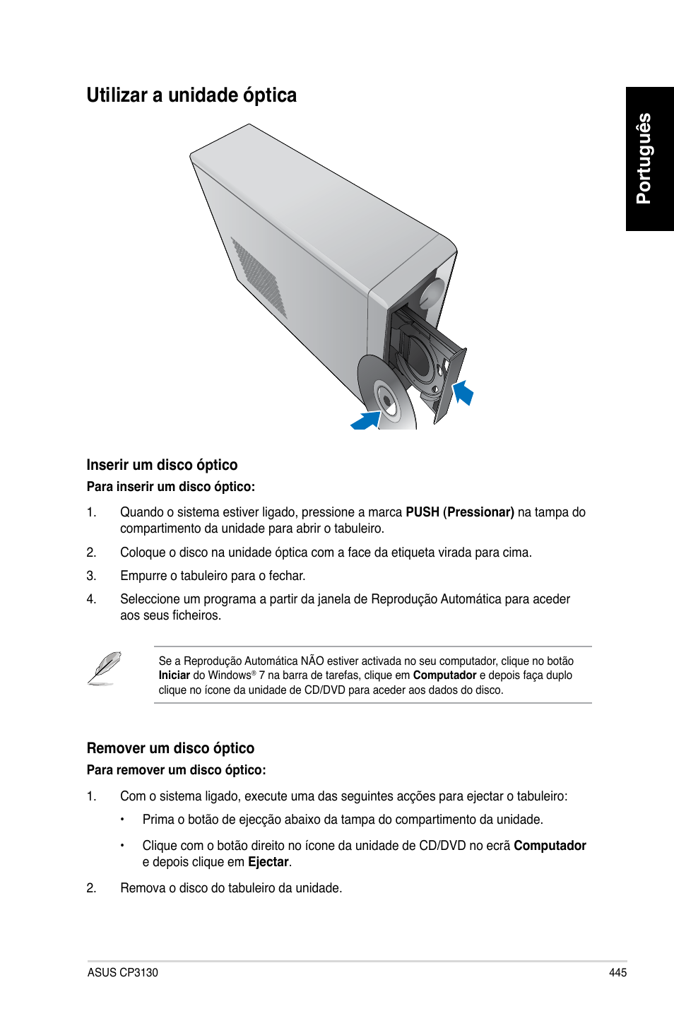 Utilizar a unidade óptica, Utilizar.a.unidade.óptica, Português | Asus CP3130 User Manual | Page 447 / 480