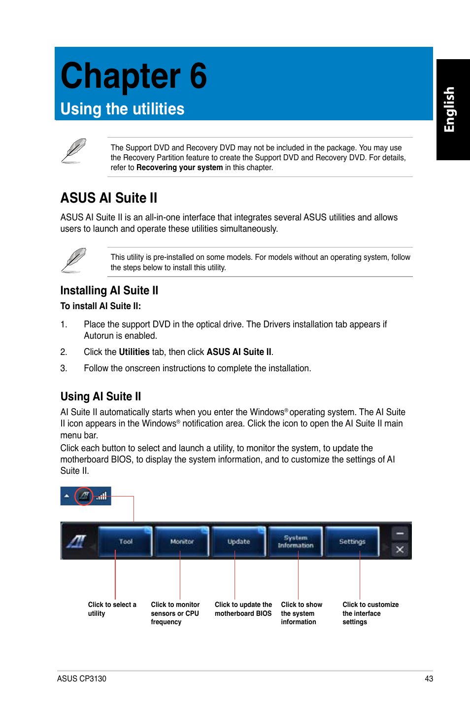 Chapter 6, Using the utilities, Asus ai suite ii | Chapter.6, Using.the.utilities, Asus.ai.suite.ii, English, Installing.ai.suite.ii, Using.ai.suite.ii | Asus CP3130 User Manual | Page 45 / 480