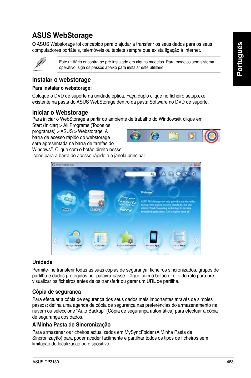 Asus webstorage, Asus.webstorage, Português | Instalar.o.webstorage, Iniciar.o.webstorage | Asus CP3130 User Manual | Page 465 / 480