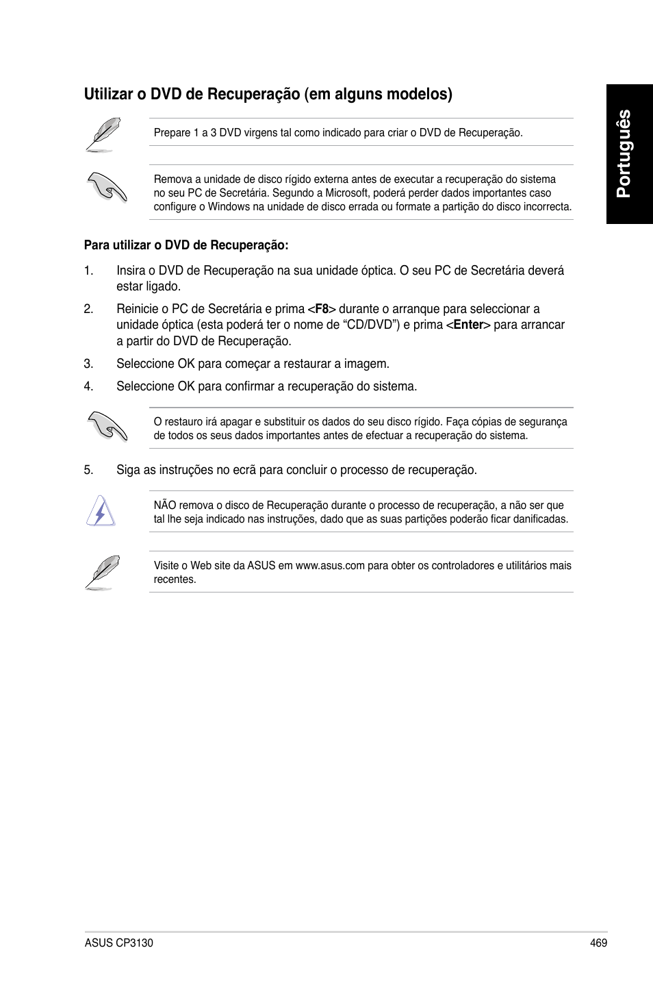 Português, Utilizar.o.dvd.de.recuperação.(em.alguns.modelos) | Asus CP3130 User Manual | Page 471 / 480