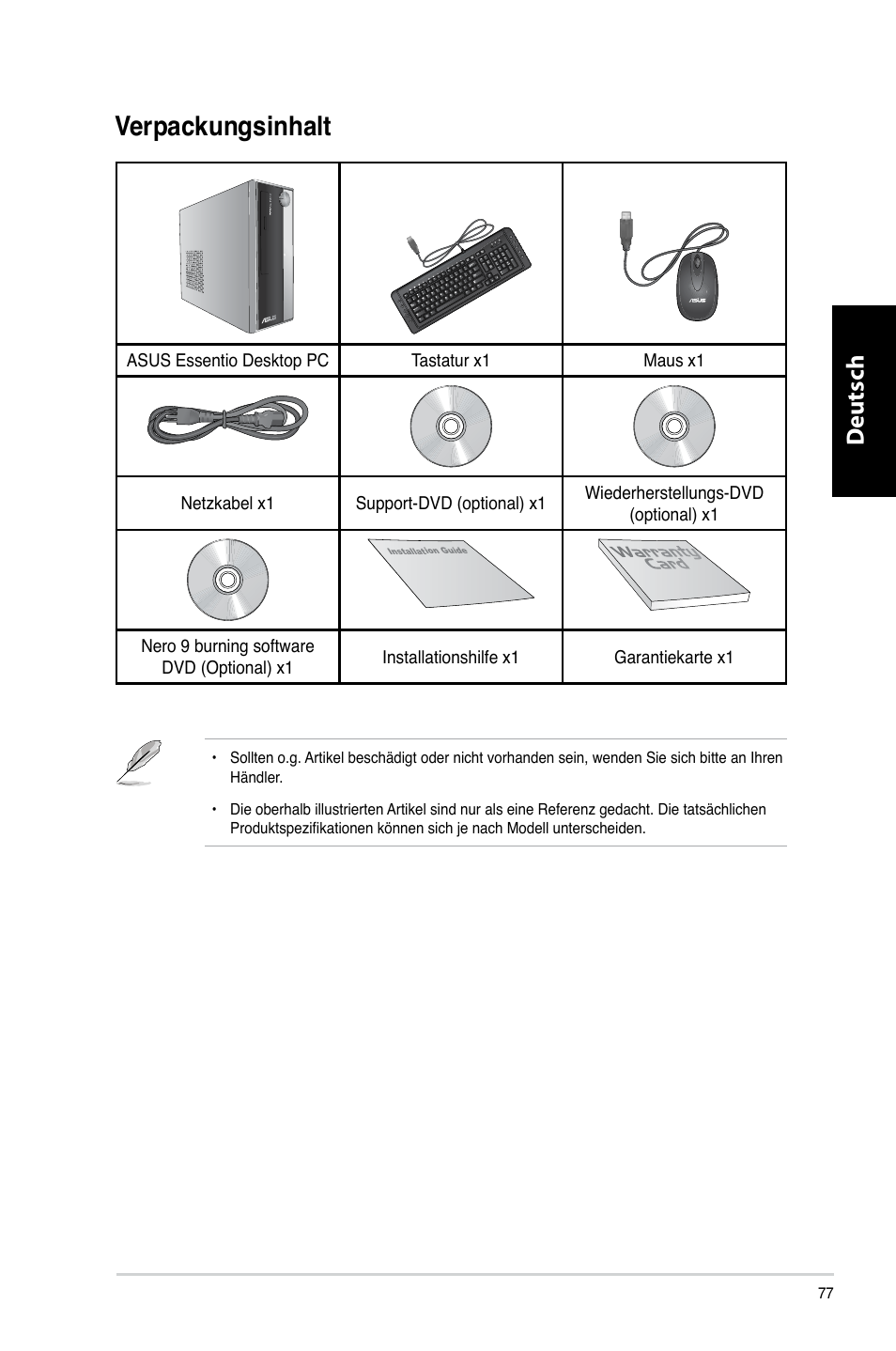 Verpackungsinhalt, Deutsch d eutsch d eutsch d eutsch | Asus CP3130 User Manual | Page 79 / 480