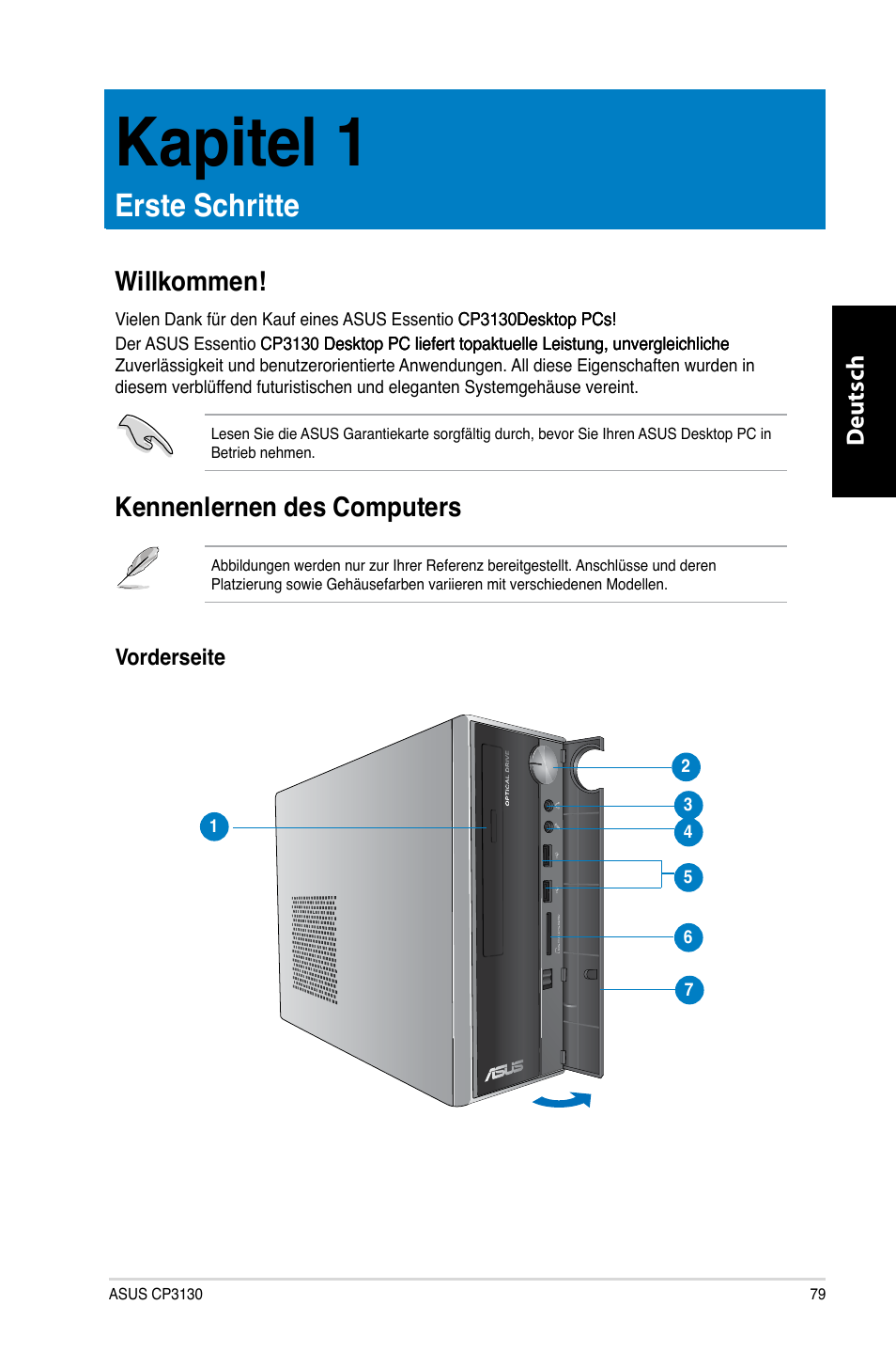 Kapitel 1, Erste schritte, Willkommen | Kennenlernen des computers, Kapitel.1, Erste.schritte, Willkommen! kennenlernen des computers, Deutsch d eutsch | Asus CP3130 User Manual | Page 81 / 480