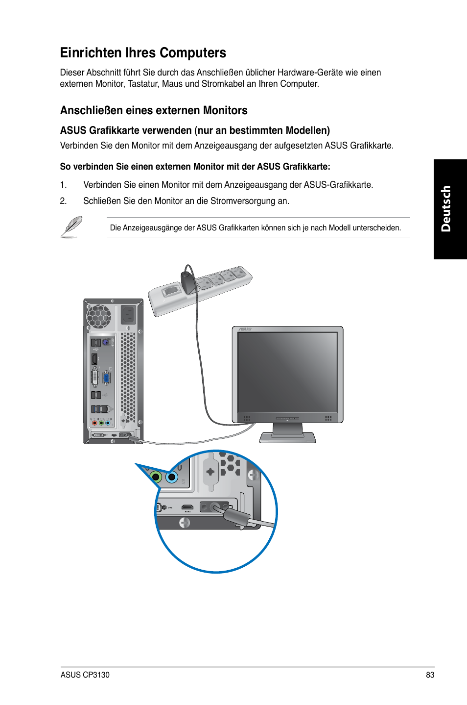 Einrichten ihres computers, Deutsch d eutsch, Anschließen.eines.externen.monitors | Asus CP3130 User Manual | Page 85 / 480