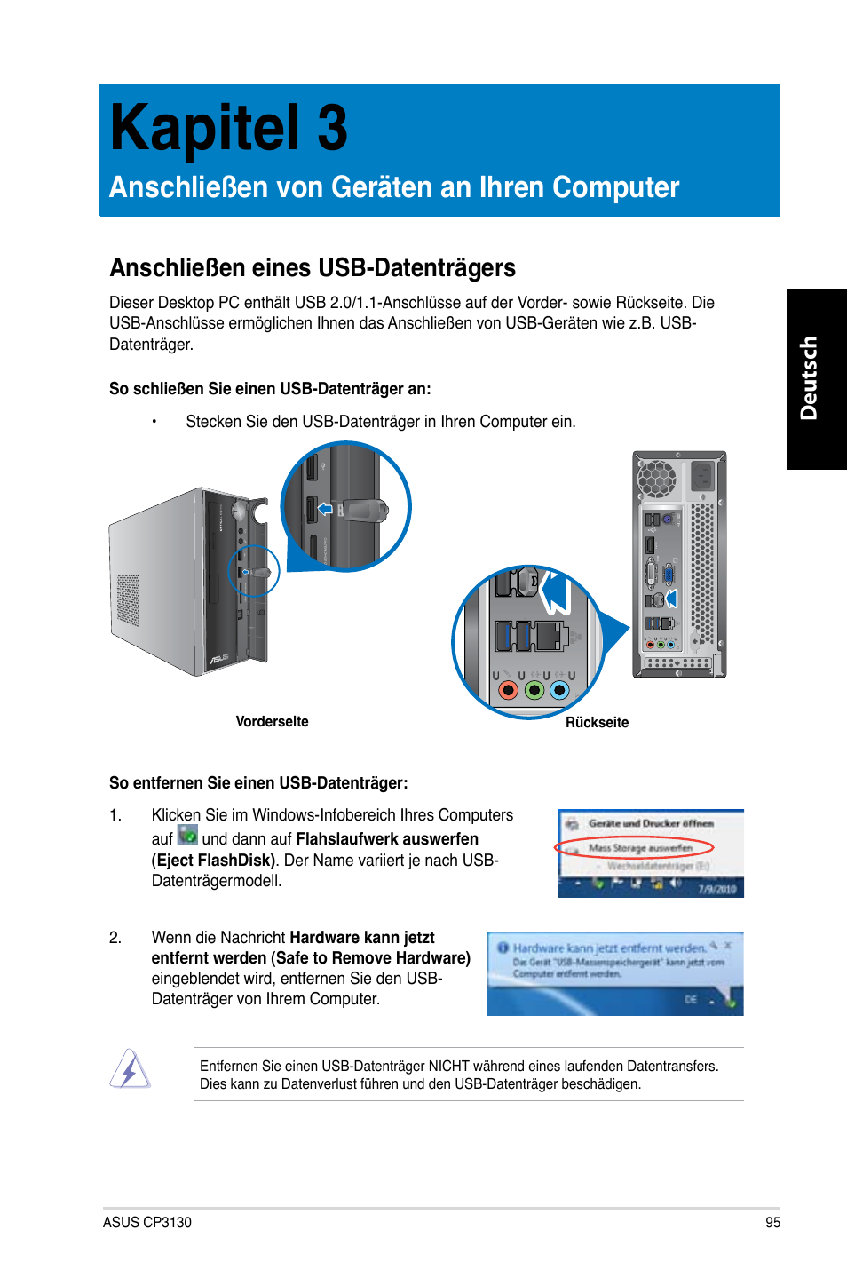 Kapitel 3, Anschließen von geräten an ihren computer, Anschließen eines usb-datenträgers | Kapitel.3, Anschließen.von.geräten.an.ihren.computer, Deutsch d eutsch | Asus CP3130 User Manual | Page 97 / 480