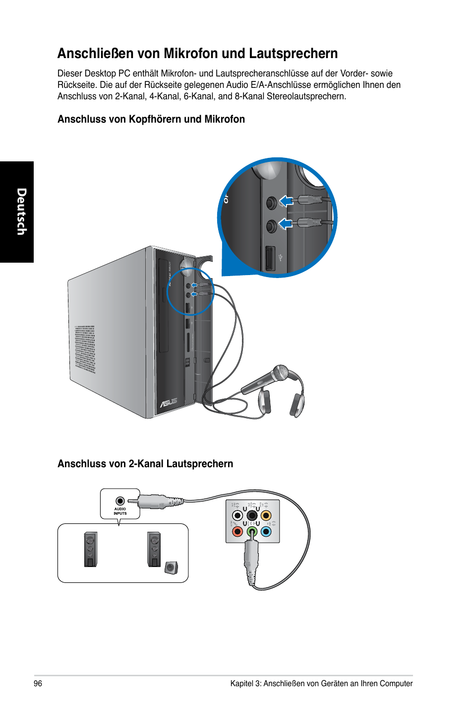 Anschließen von mikrofon und lautsprechern, Anschließen.von.mikrofon.und.lautsprechern | Asus CP3130 User Manual | Page 98 / 480