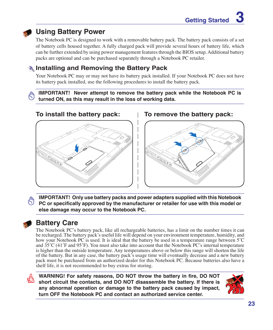 Using battery power, Battery care | Asus T12Ug User Manual | Page 23 / 76