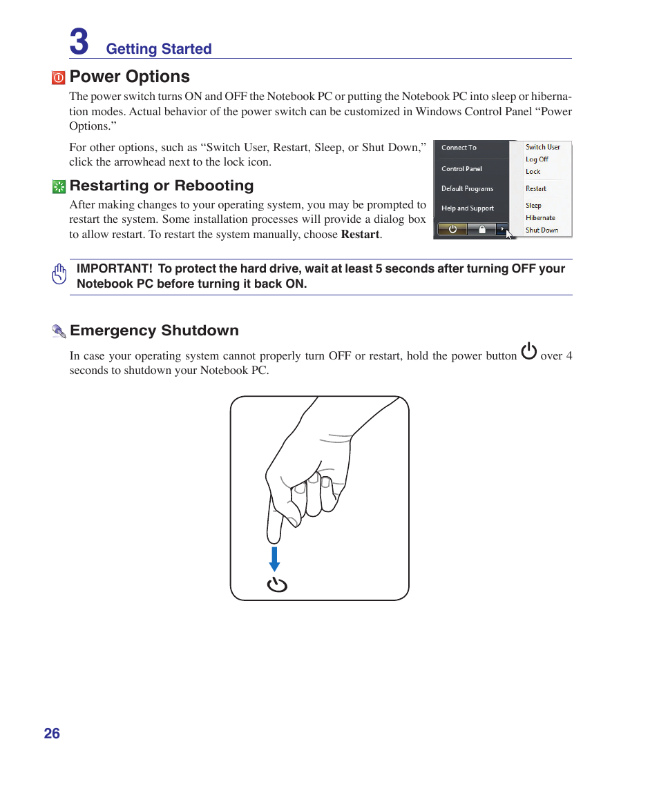 Power options | Asus T12Ug User Manual | Page 26 / 76