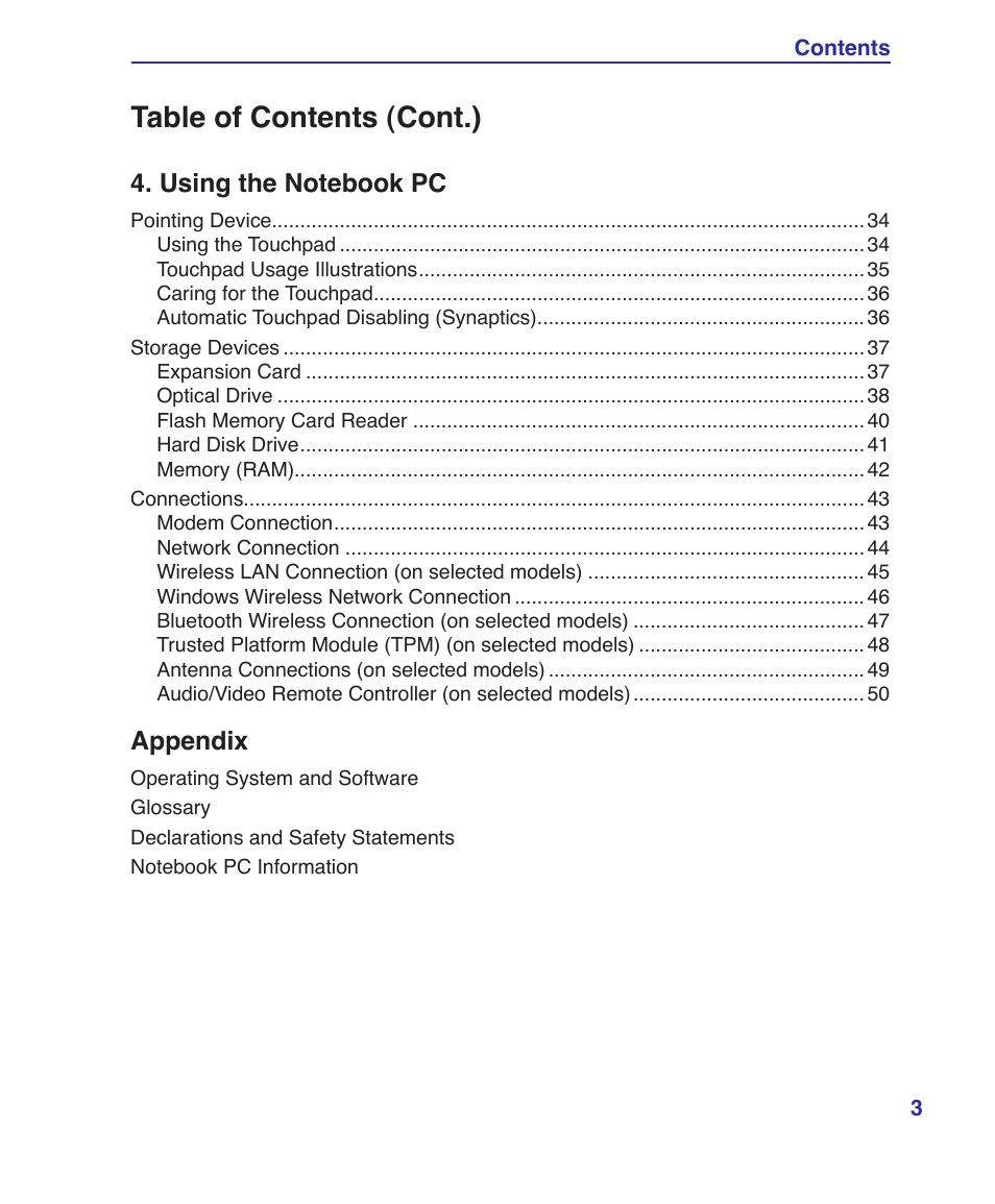 Table of contents (cont.) | Asus T12Ug User Manual | Page 3 / 76