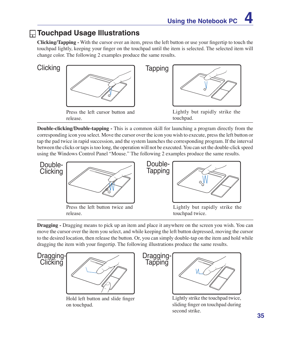 Touchpad usage illustrations, Dragging- clicking dragging- tapping | Asus T12Ug User Manual | Page 35 / 76