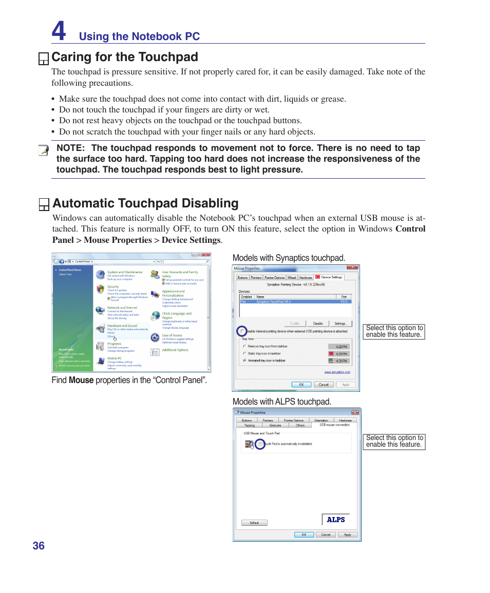 Caring for the touchpad, Automatic touchpad disabling (synaptics), Automatic touchpad disabling | Asus T12Ug User Manual | Page 36 / 76
