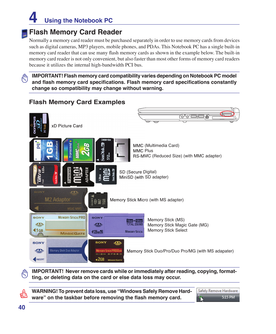 Flash memory card reader | Asus T12Ug User Manual | Page 40 / 76