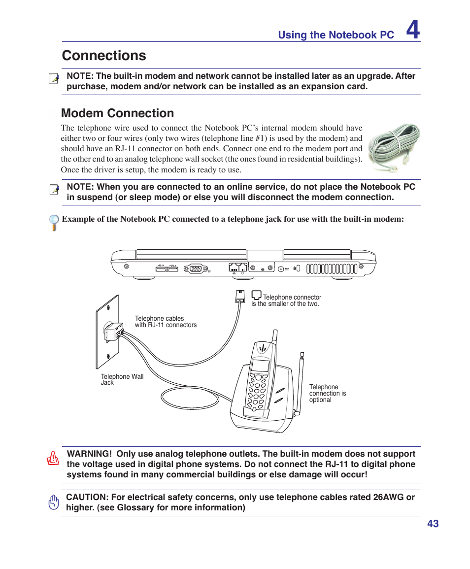 Connections, Modem connection | Asus T12Ug User Manual | Page 43 / 76