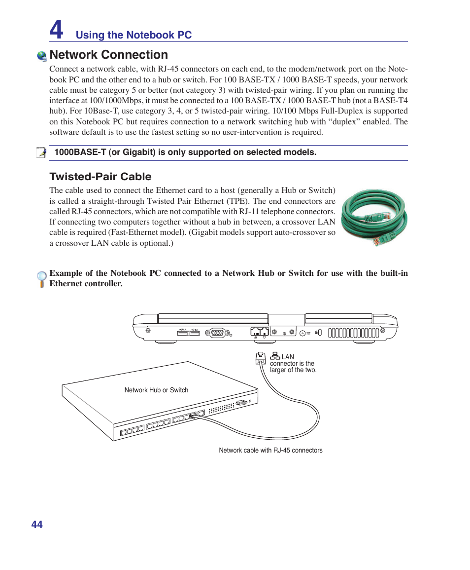 Network connection | Asus T12Ug User Manual | Page 44 / 76