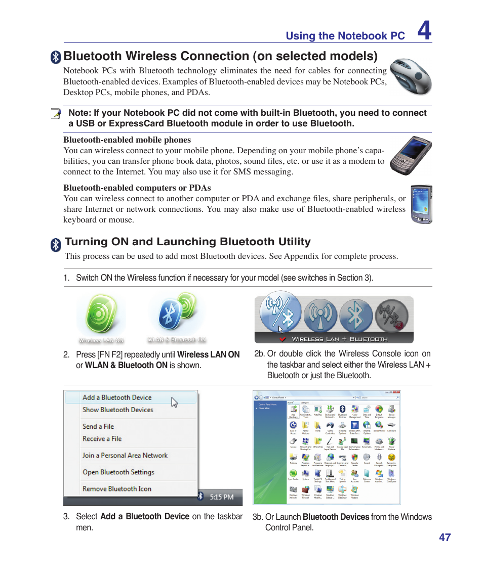 Bluetooth wireless connection (on selected models) | Asus T12Ug User Manual | Page 47 / 76