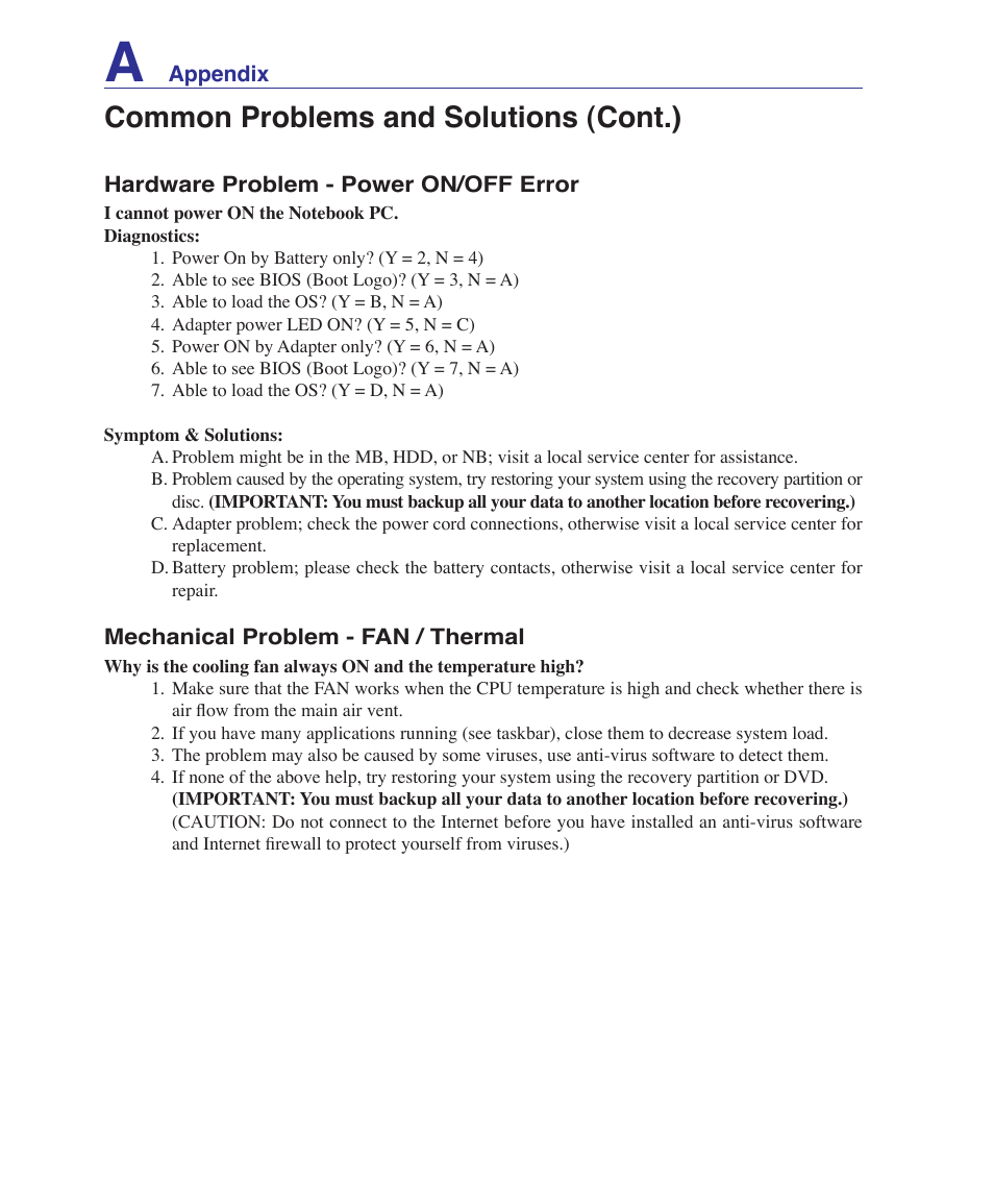 Common problems and solutions (cont.) | Asus T12Ug User Manual | Page 58 / 76