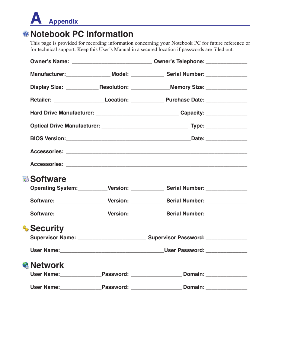 Notebook pc information, Software, Security | Network | Asus T12Ug User Manual | Page 76 / 76