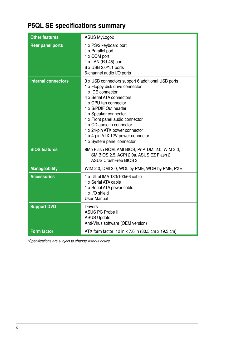 P5ql se specifications summary | Asus P5QL SE User Manual | Page 10 / 60