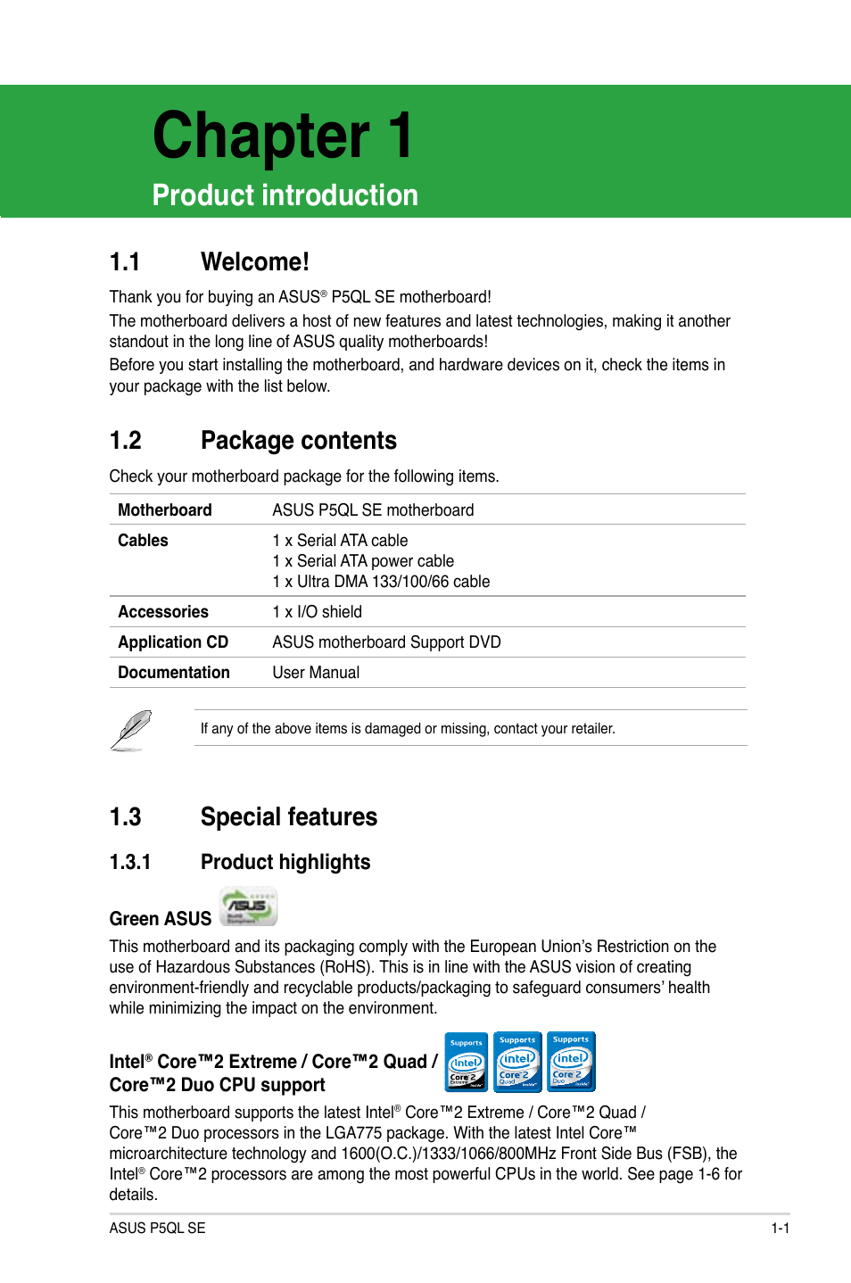 Chapter 1: product introduction, 1 welcome, 2 package contents | 3 special features, 1 product highlights, Chapter.1, Product.introduction, Welcome! -1, Package.contents -1, Special.features -1 1.3.1 | Asus P5QL SE User Manual | Page 11 / 60